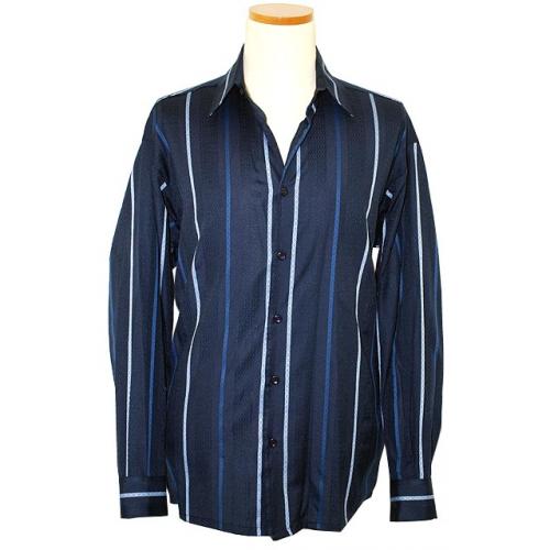 Bassiri Navy Blue with Royal Blue Stripes Cotton Blend Long Sleeves Shirt #4300